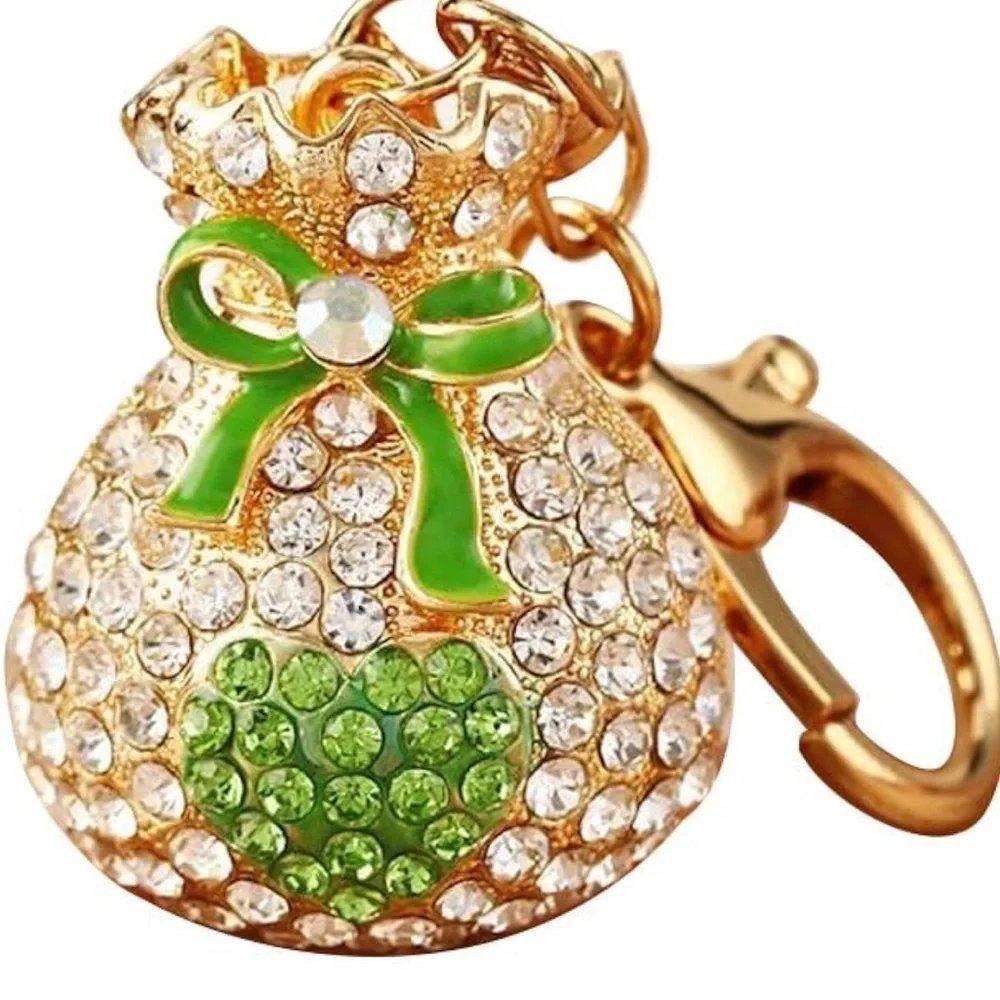 Green Rhinestone Money Bag Keychain Purse Charm Lucky Clover Gold Tone